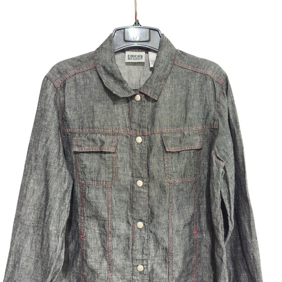 Chico's ~ Sz 1 M Art-to-Wear Engineer Gray Chambray Denim Linen Shirt Jacket - Picture 3 of 10